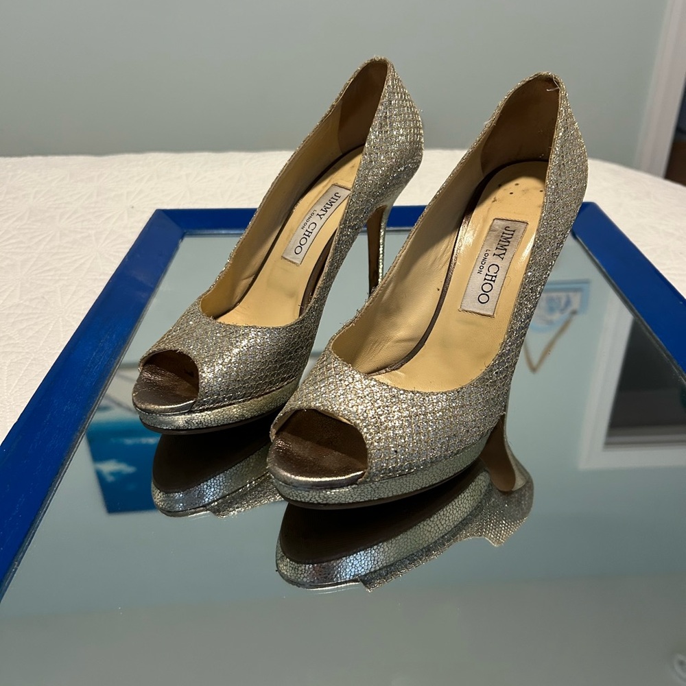 Jimmy Choo peep toe silver glitter heels
